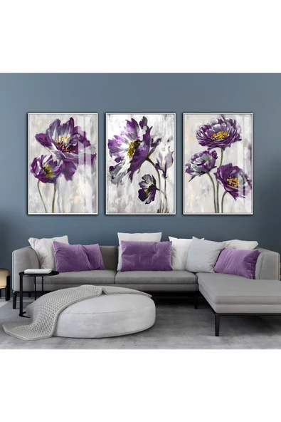 Harikabirev HARİKABİREV|GRİ-MOR ÇİÇEKLİ KOMBİN SETİ |ÇERÇEVELİ CAM TABLO  3LÜ DİKEY ürün görseli