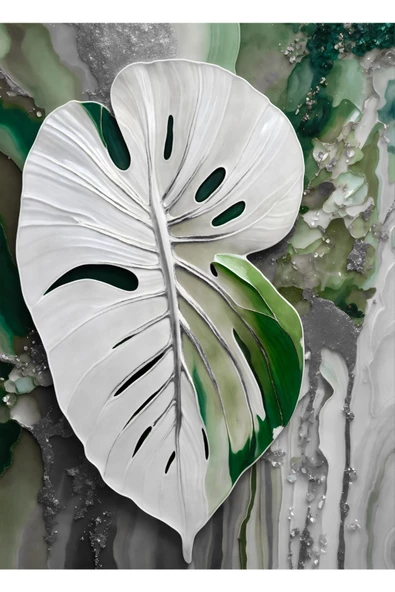 Harikabirev HARİKABİREV|YEŞİL-BEYAZ-GRİ YAPRAKLAR KOMBİNİ II |ÇERÇEVELİ CAM TABLO  3LÜ DİKEY - Resim 3