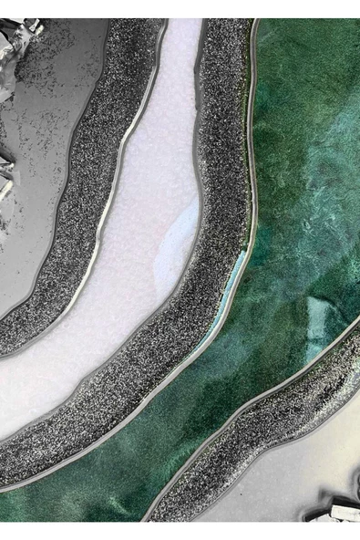 Harikabirev HARİKABİREV|GÜMÜŞ-YEŞİL SOYUT YAPRAK KOMBİNİ|ÇERÇEVELİ CAM TABLO 3LÜ DİKEY - 4