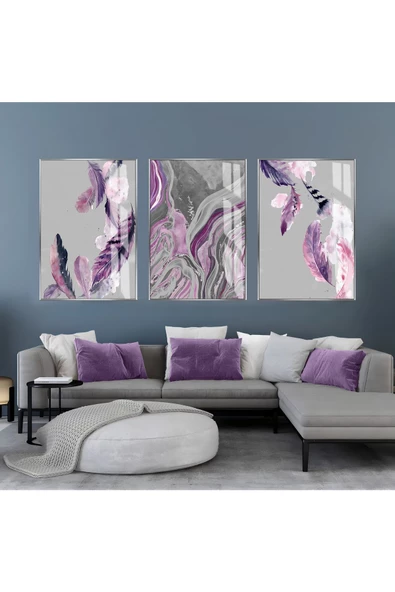 Harikabirev HARİKABİREV|GRİ-MOR SOYUT TÜY KOMBİN SETİ |ÇERÇEVELİ CAM TABLO  3LÜ DİKEY ürün görseli