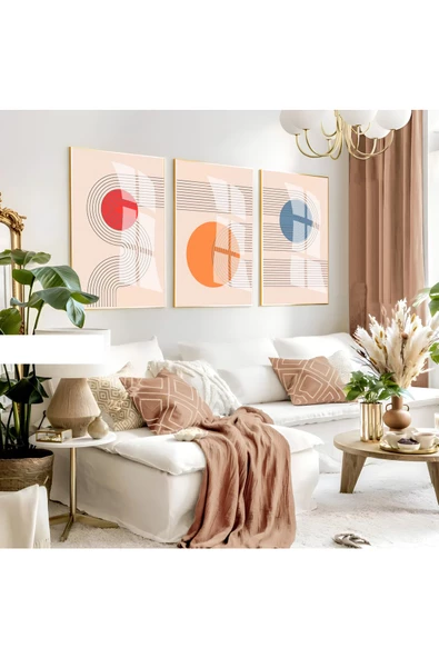 Harikabirev HARİKABİREV|MAVİ-TURUNCU SOYUT BOHEM KOMBİNİ 011 |ÇERÇEVELİ CAM TABLO 3LÜ DİKEY ürün görseli