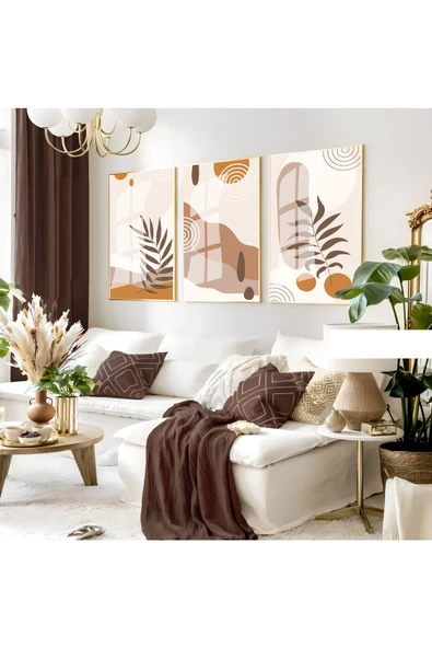 Harikabirev HARİKABİREV|KREM-KAHVE BOHEM SOYUT SETİ |ÇERÇEVELİ CAM TABLO 3LÜ DİKEY ürün görseli