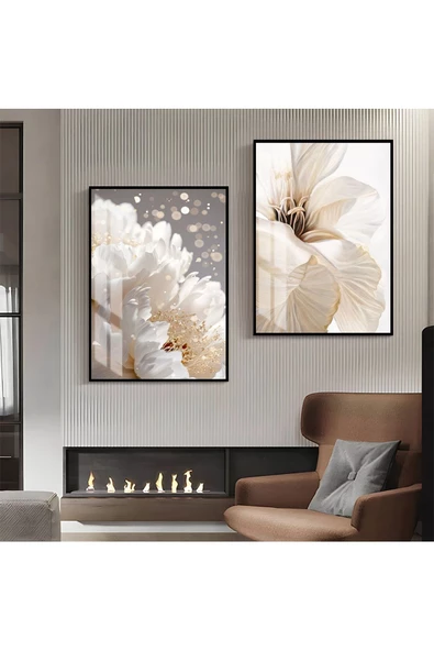 Harikabirev HARİKABİREV|ÖZEL SOFT ÇİÇEK YAPRAK KOMBİNİ 4 YENİ|ÇERÇEVELİ CAM TABLO  2Lİ DİKEY ürün görseli