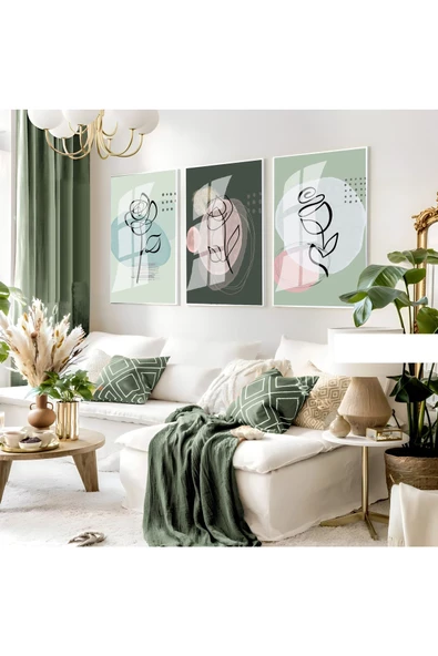 Harikabirev HARİKABİREV|YEŞİL TONLAR MİNİMALİST GÜL ÇİZİMLİ SET|ÇERÇEVELİ CAM TABLO 3LÜ DİKEY ürün görseli