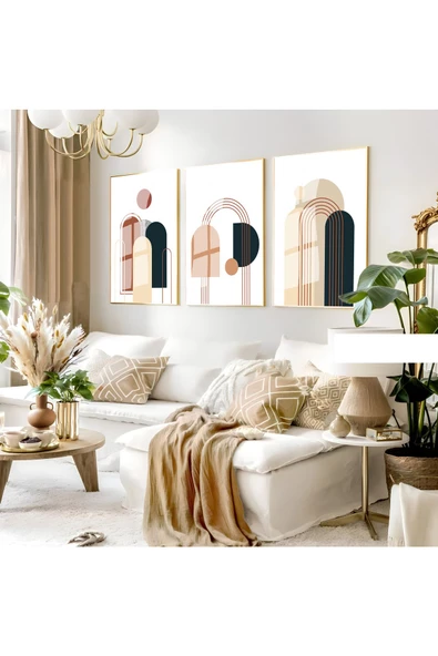 Harikabirev HARİKABİREV|KREM-KAHVE BOHEM SOYUT SETİ |ÇERÇEVELİ CAM TABLO 3LÜ DİKEY ürün görseli