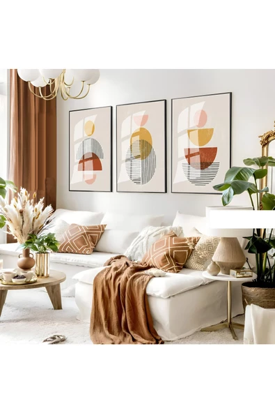 Harikabirev HARİKABİREV|SOFT SARI-KAHVE SOYUT BOHEM KOMBİNİ |ÇERÇEVELİ CAM TABLO 3LÜ DİKEY ürün görseli