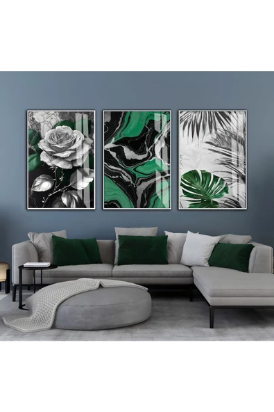 Harikabirev HARİKABİREV|YEŞİL-GRİ SOYUT YAPRAKLI GÜL KOMBİNİ|ÇERÇEVELİ CAM TABLO  3LÜ DİKEY ürün görseli