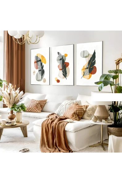 Harikabirev HARİKABİREV| MİNİMALİST YAPRAKLI BOHEM KOMBİNİ II |ÇERÇEVELİ CAM TABLO 3LÜ DİKEY ürün görseli