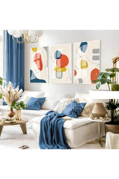 Harikabirev HARİKABİREV|MAVİ-KREM-TURUNCU SOYUT BOHEM SETİ |ÇERÇEVELİ CAM TABLO 3LÜ DİKEY ürün görseli