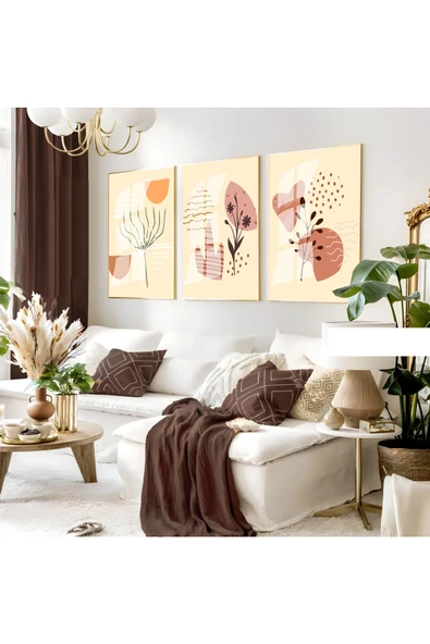 Harikabirev HARİKABİREV|KREM MİNİMALİST BOHEM SETİ |ÇERÇEVELİ CAM TABLO 3LÜ DİKEY