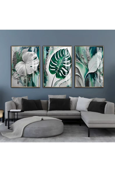 Harikabirev HARİKABİREV|YEŞİL-GRİ YAPRAKLI KOMBİNİ II |ÇERÇEVELİ CAM TABLO  3LÜ DİKEY ürün görseli