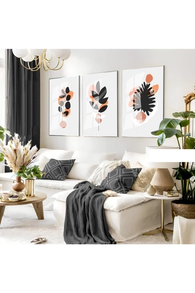 Harikabirev HARİKABİREV|GRİ-TURUNCU MİNİMAL YAPRAKLI KOMBİNİ 01 |ÇERÇEVELİ CAM TABLO 3LÜ DİKEY ürün görseli