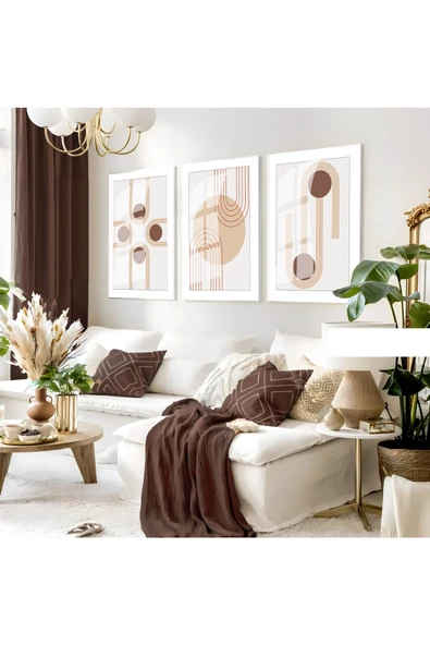 Harikabirev HARİKABİREV|KAHVERENGİ-KREM BOHEM SOYUT SETİ 4 |ÇERÇEVELİ CAM TABLO 3LÜ DİKEY ürün görseli