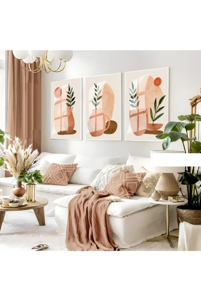 Harikabirev HARİKABİREV|KAHVERENGİ-TURUNCU BOHEM MİNİMALİST SETİ 2 |ÇERÇEVELİ CAM TABLO 3LÜ DİKEY ürün görseli