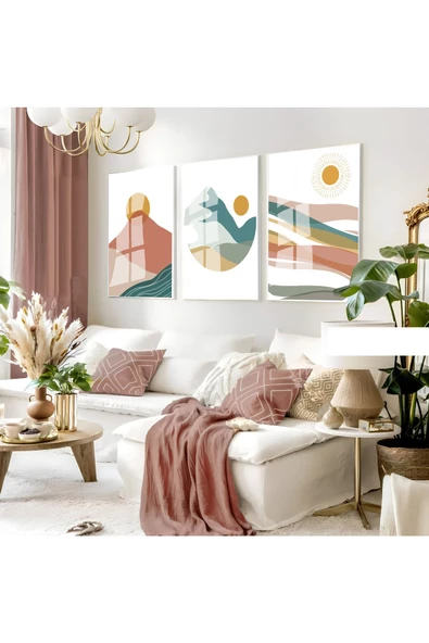 Harikabirev HARİKABİREV|SOFT PEMBE-MAVİ BOHEM KOMBİNİ|ÇERÇEVELİ CAM TABLO 3LÜ DİKEY ürün görseli