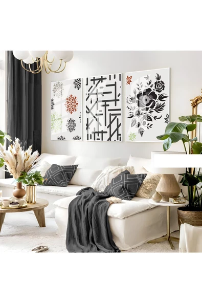 Harikabirev HARİKABİREV|GRİ-SİYAH SOYUT ÇİÇEKLİ SETİ |ÇERÇEVELİ CAM TABLO 3LÜ DİKEY