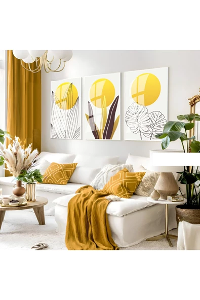 Harikabirev HARİKABİREV|SARI-GRİ YAPRAKLI BOHEM SETİ |ÇERÇEVELİ CAM TABLO 3LÜ DİKEY ürün görseli