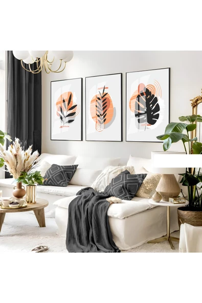 Harikabirev HARİKABİREV|GRİ-TURUNCU MİNİMAL YAPRAKLI KOMBİNİ 03 |ÇERÇEVELİ CAM TABLO 3LÜ DİKEY ürün görseli