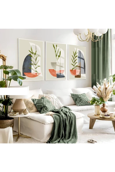 Harikabirev HARİKABİREV|GRİ-MAVİ-PEMBE SOFT BOHEM YAPRAKLI SETİ |ÇERÇEVELİ CAM TABLO 3LÜ DİKEY ürün görseli