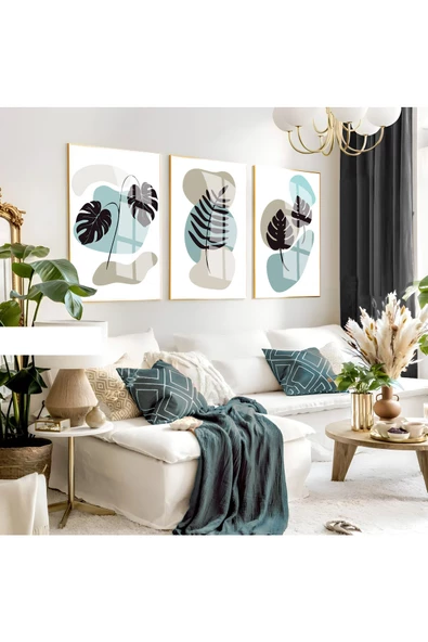 Harikabirev HARİKABİREV|SOFT GRİ MAVİ MİNİMALİST YAPRAKLI SET |ÇERÇEVELİ CAM TABLO 3LÜ DİKEY ürün görseli