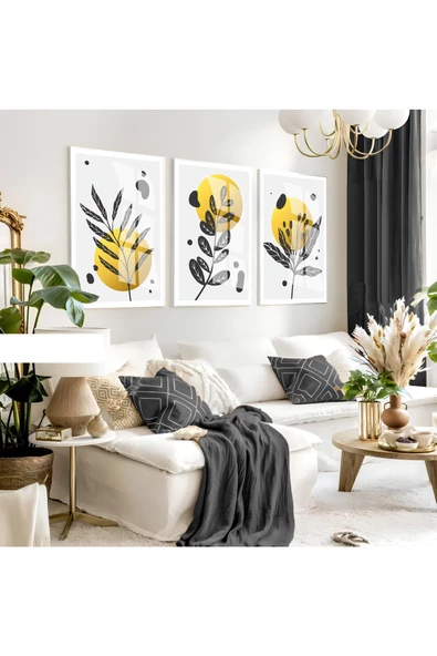 Harikabirev HARİKABİREV|GRİ-SARI MİNİMALİST YAPRAK BOHEM SETİ |ÇERÇEVELİ CAM TABLO 3LÜ DİKEY ürün görseli