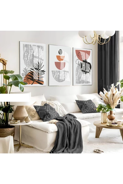 Harikabirev HARİKABİREV|SOFT RENKLER MİNİMALİST YAPRAKLI BOHEM KOMBİNİ|ÇERÇEVELİ CAM TABLO 3LÜ DİKEY ürün görseli