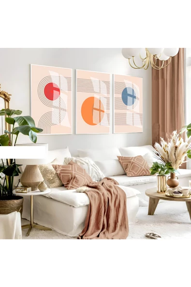 Harikabirev HARİKABİREV|KREM-MAVİ-TURUNCU MİNİMALİST SOYUT SET|ÇERÇEVELİ CAM TABLO 3LÜ DİKEY ürün görseli