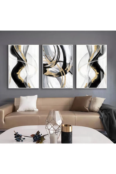 Harikabirev HARİKABİREV|SİYAH-GOLD RENK SOYUT DESEN SETİ|ÇERÇEVELİ CAM TABLO 3LÜ DİKEY ürün görseli