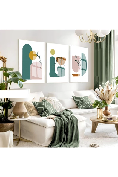 Harikabirev HARİKABİREV|TURKUAZ-HARDAL-PUDRA MİNİMALİST BOHEM SETİ 31 |ÇERÇEVELİ CAM TABLO 3LÜ DİKEY ürün görseli