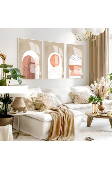 Harikabirev HARİKABİREV|KİREMİT-KREM-BEYAZ RENK BOHEM SET 37 MİNİMALİST |ÇERÇEVELİ CAM TABLO 3LÜ DİKEY ürün görseli