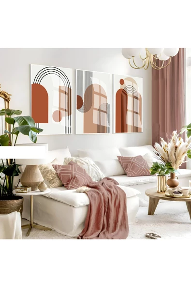 Harikabirev HARİKABİREV|TURUNCU-KREM SOYUT BOHEM SETİ |ÇERÇEVELİ CAM TABLO 3LÜ DİKEY ürün görseli