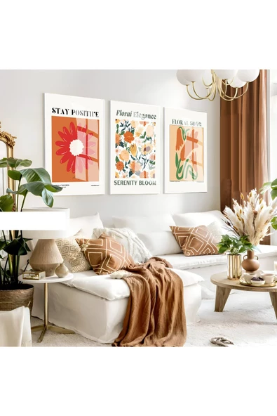 Harikabirev HARİKABİREV|TURUNCU TONLAR ÇİÇEKLİ MİNİMALİST BOHEM SETİ |ÇERÇEVELİ CAM TABLO 3LÜ DİKEY ürün görseli