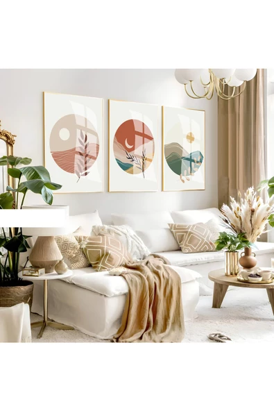 Harikabirev HARİKABİREV|SOFT RENKLER MİNİMALİST YAPRAK-AY MANZARA KOMBİNİ|ÇERÇEVELİ CAM TABLO 3LÜ DİKEY ürün görseli