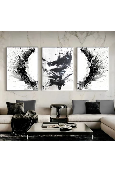 Harikabirev HARİKABİREV|SİYAH BEYAZ RENK SEVİLEN SOYUT DALGA SETİ |ÇERÇEVELİ CAM TABLO 3LÜ DİKEY ürün görseli