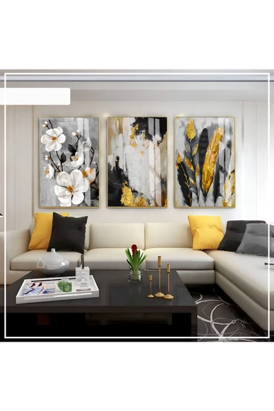 Harikabirev HARİKABİREV|SİYAH -GOLD RENK SOYUT ÇİÇEK SET 01 |ÇERÇEVELİ CAM TABLO 3LÜ DİKEY
