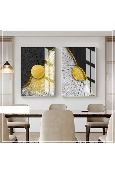 Harikabirev HARİKABİREV|GOLD-SİYAH RENK ETNİK SOYUT MODEL YENİ|ÇERÇEVELİ CAM TABLO  2Lİ DİKEY ürün görseli
