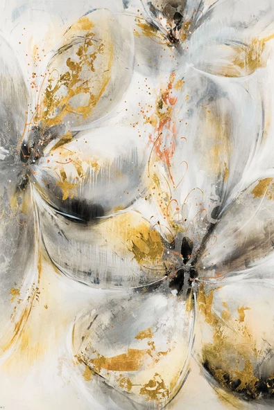 Harikabirev HARİKABİREV|BEYAZ-SİYAH-GOLD SOFT RENK SOYUT ÇİÇEK KOMBİNİ 02 |ÇERÇEVELİ CAM TABLO 3LÜ DİKEY - Resim 3