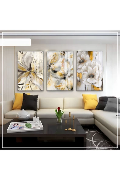 Harikabirev HARİKABİREV|BEYAZ-SİYAH-GOLD SOFT RENK SOYUT ÇİÇEK KOMBİNİ 02 |ÇERÇEVELİ CAM TABLO 3LÜ DİKEY ürün görseli