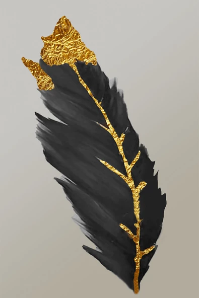 Harikabirev HARİKABİREV|SİYAH-GRİ-GOLD  SOYUT YAPRAK TÜY SETİ |ÇERÇEVELİ CAM TABLO 3LÜ DİKEY - Resim 2