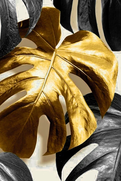 Harikabirev HARİKABİREV|BEYAZ-SİYAH-GOLD SOYUT YAPRAK  SETİ 1  |ÇERÇEVELİ CAM TABLO 3LÜ DİKEY - Resim 3