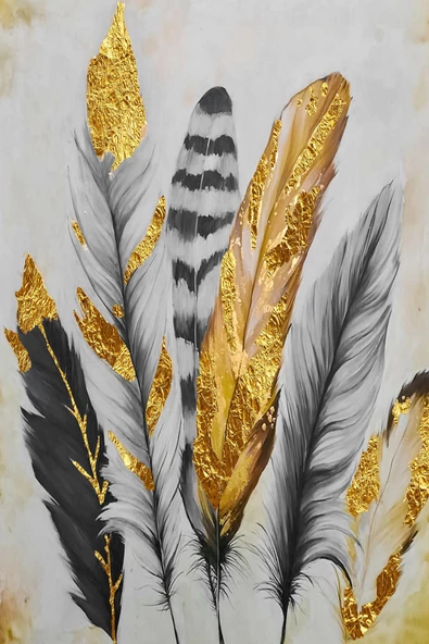 Harikabirev HARİKABİREV|SİYAH-GRİ-GOLD  SOYUT YAPRAK TÜY SETİ |ÇERÇEVELİ CAM TABLO 3LÜ DİKEY - Resim 3