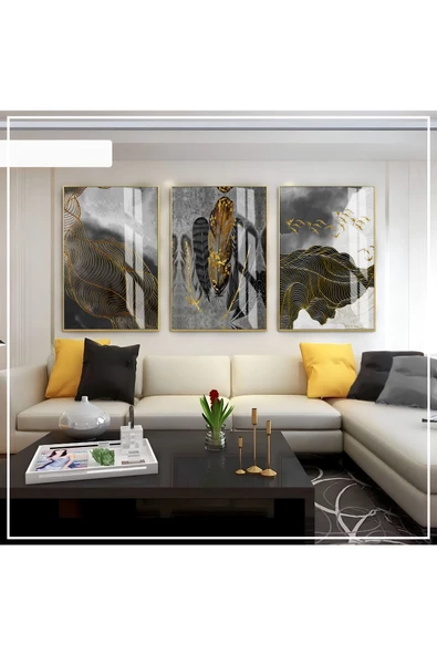 Harikabirev HARİKABİREV|GRİ-SİYAH -GOLD SOFT RENK SOYUT SETİ 04 |ÇERÇEVELİ CAM TABLO 3LÜ DİKEY ürün görseli