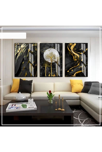 Harikabirev HARİKABİREV|SİYAH -GOLD RENK SOYUT SET 03 |ÇERÇEVELİ CAM TABLO 3LÜ DİKEY ürün görseli