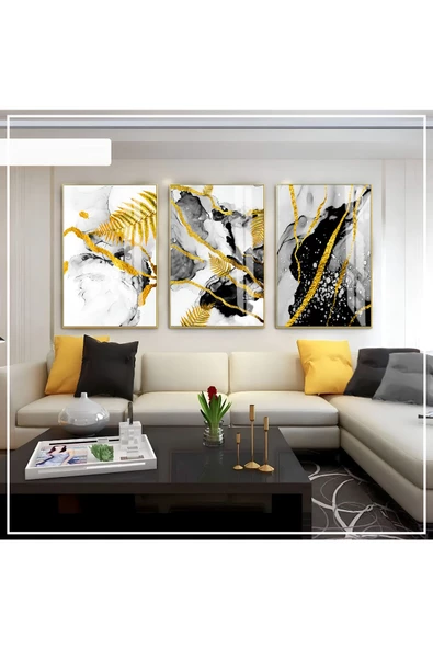 Harikabirev HARİKABİREV|SİYAH -GOLD SOFT RENK SOYUT SETİ 02 |ÇERÇEVELİ CAM TABLO 3LÜ DİKEY ürün görseli