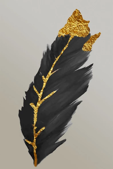 Harikabirev HARİKABİREV|SİYAH-GRİ-GOLD  SOYUT YAPRAK TÜY SETİ |ÇERÇEVELİ CAM TABLO 3LÜ DİKEY - Resim 4