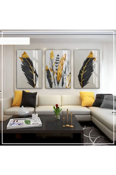Harikabirev HARİKABİREV|SİYAH-GRİ-GOLD  SOYUT YAPRAK TÜY SETİ |ÇERÇEVELİ CAM TABLO 3LÜ DİKEY ürün görseli