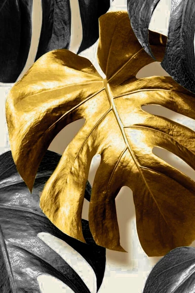 Harikabirev HARİKABİREV|BEYAZ-SİYAH-GOLD SOYUT YAPRAK  SETİ 1  |ÇERÇEVELİ CAM TABLO 3LÜ DİKEY - Resim 2