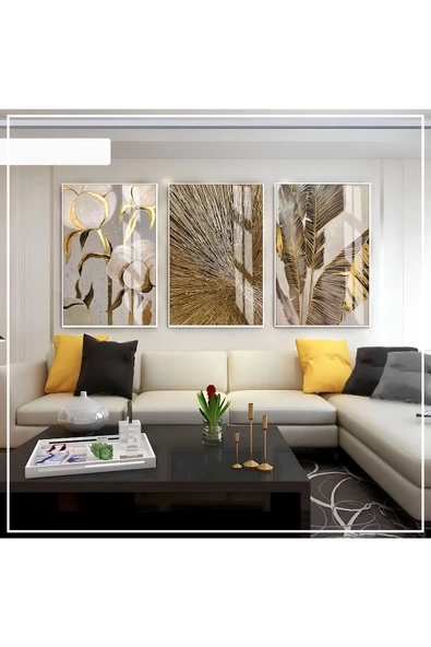 Harikabirev HARİKABİREV|GRİ-GOLD SOFT RENK SOYUT YAPRAK ÇİÇEK SETİ |ÇERÇEVELİ CAM TABLO 3LÜ DİKEY ürün görseli