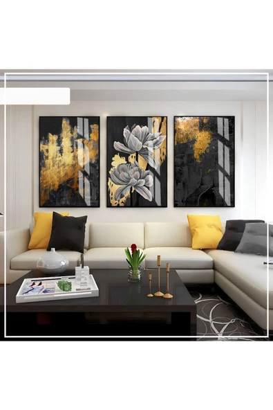 Harikabirev HARİKABİREV|GRİ-SİYAH -GOLD SOFT RENK SOYUT SETİ 03 |ÇERÇEVELİ CAM TABLO 3LÜ DİKEY ürün görseli