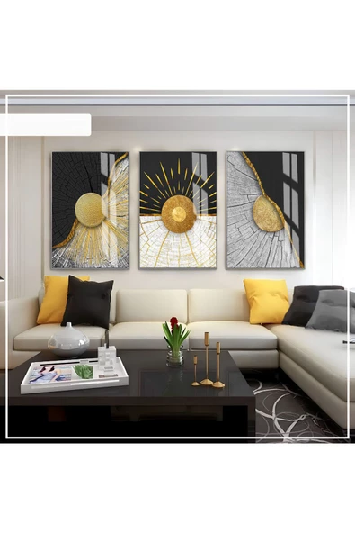 Harikabirev HARİKABİREV|SİYAH -GOLD RENK SOYUT SET 02 |ÇERÇEVELİ CAM TABLO 3LÜ DİKEY ürün görseli